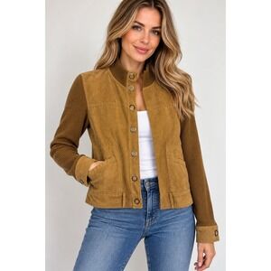 Mac & Jac Women L Brown Faux Suede Rib Knit Moto Jacket Y2K Snap Front